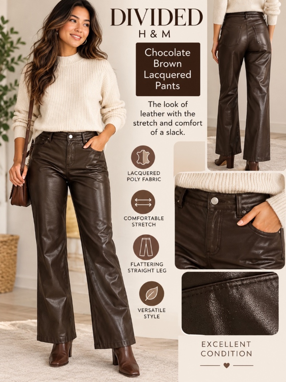 H&M Divided Chocolate Brown Lacquered Faux Leather Pants Size 4